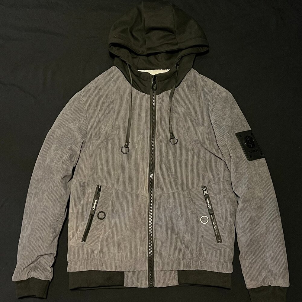 SHEIN Grey Corduroy Polyester Fleece Lined Hooded Bomber Jacket Size S